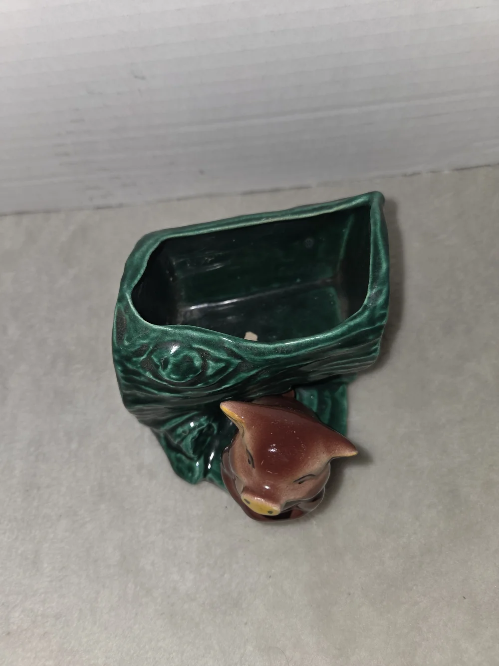 Vintage Early Pig Figurine Planter Pottery Ceramic Green Tan Flowers Succulents